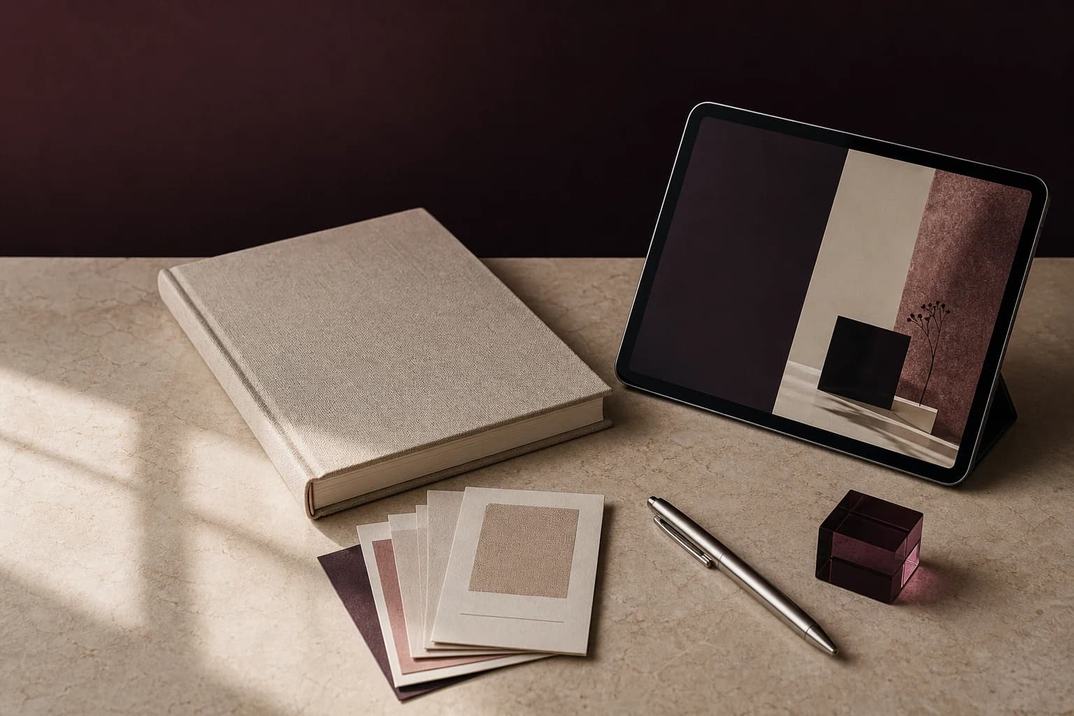 Editorial course workbook, prompt cards, and tablet arranged on a warm stone desk